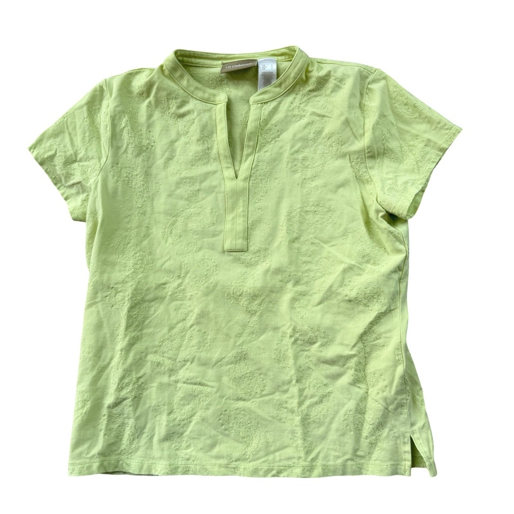 Liz Claiborne Lizwear Lime Green Paisley Embroidered Split Neck Top Women Large